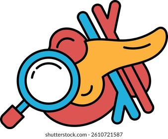 A cartoon drawing of a duck with a magnifying glass over its head. The duck is surrounded by red, blue, and yellow lines, and there are two red and blue sticks sticking out of the duck's body