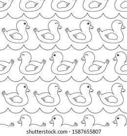 cartoon drawing ducks black lines silhouettes seamless pattern, editable vector illustration for kids decoration, fabric, textile, print