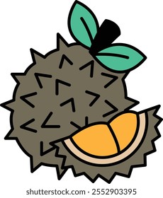 A cartoon drawing of a durian fruit with a green leaf on top. The durian is cut in half and has a small orange slice on top