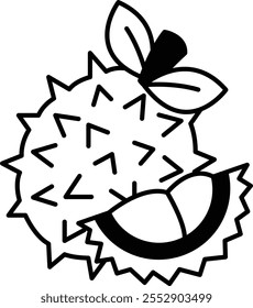 Um desenho animado de uma fruta duriana com uma folha no topo