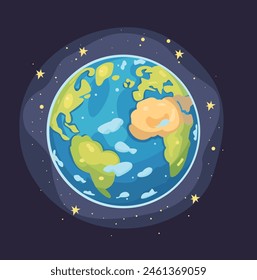 A cartoon drawing of the Earth with stars surrounding it