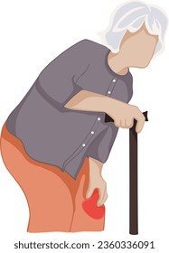 Cartoon drawing of an elderly woman with knee pain while standing.vector illustration.