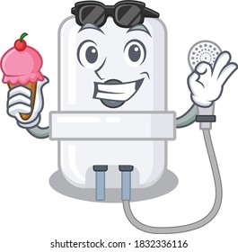 A cartoon drawing of electric water heater holding cone ice cream