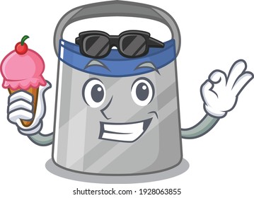 A cartoon drawing of face shield holding cone ice cream