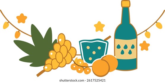 Cartoon drawing features a bottle, grape bunch, a drink in glass, oranges, maple leaves, and decorative lights against a transparent background.