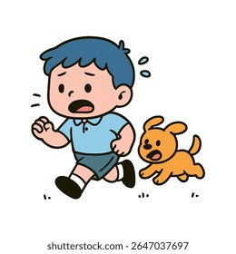 A cartoon drawing features a boy and dog running with panicked expressions.