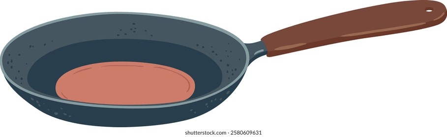Cartoon drawing featuring a frying pan sizzling with a delicious burger patty, effectively illustrating concepts of cooking and food preparation in a vibrant kitchen setting