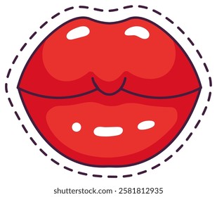 Cartoon drawing featuring vibrant red glossy lips in a playful kissing gesture, surrounded by a dotted line, capturing the essence of beauty, fashion, and romantic flair for Valentine s Day