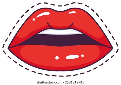 Cartoon drawing featuring vibrant red lips slightly parted, revealing teeth, outlined by a playful black dashed line against a clean white background, exuding beauty and allure