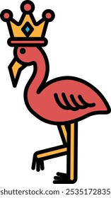 A cartoon drawing of a flamingo wearing a crown. The flamingo is standing on one leg and he is a king