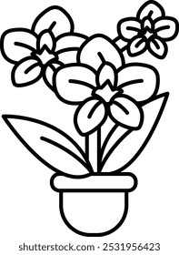 A cartoon drawing of a flower pot with three white flowers in it. The flowers are drawn in a stylized way, with the petals and leaves all drawn in the same style. The pot is red