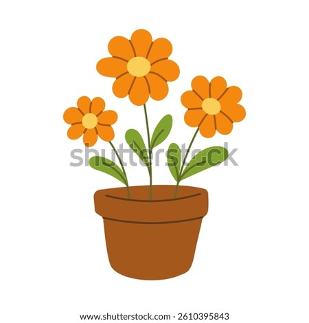 A cartoon drawing of a flower pot with three orange flowers in it. The flowers are in a small pot and are surrounded by green leaves. The image has a cheerful and bright mood