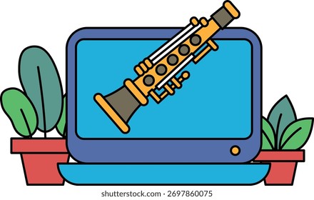 Um desenho animado de uma flauta em uma tela de computador. O desenho é colorido e animado, com uma sensação de brincadeira e criatividade. A flauta está posicionada no centro da tela