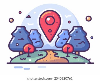 Cartoon drawing of a forest with a red dot on it that says "map". The drawing is in a blue and white color scheme