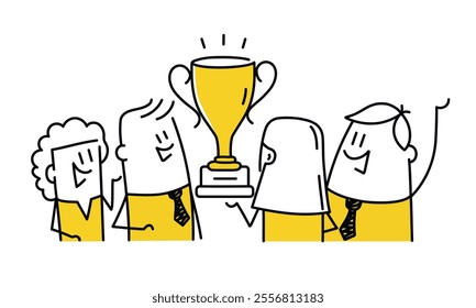 Cartoon drawing of four people holding a trophy. The trophy is yellow and has a gold rim. The people are smiling. Hand drawn vector illustration. Black and white.