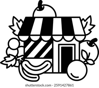 A cartoon drawing of a fruit stand with an awning