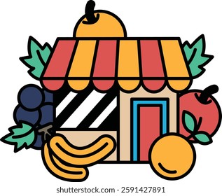 A cartoon drawing of a fruit stand with an awning