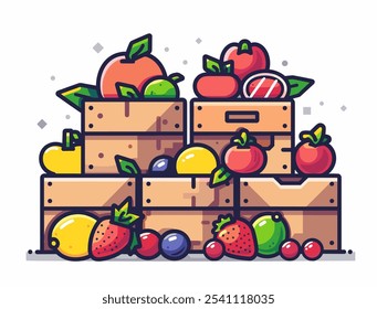 Desenho animado de uma banca de frutas com uma variedade de frutas, incluindo maçãs, laranjas e morangos