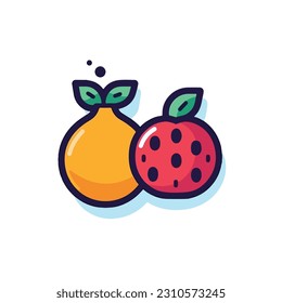 A cartoon drawing of fruits icon. pear, mango, pinapple, apple, orange, strawberry, banana, pears. illustration of fruits icon white background. Isolated.