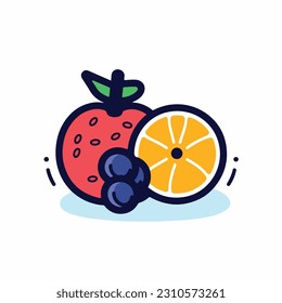 A cartoon drawing of fruits icon. pear, mango, pinapple, apple, orange, strawberry, banana, pears. illustration of fruits icon white background. Isolated.