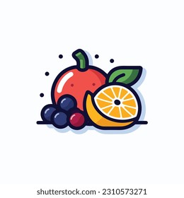 A cartoon drawing of fruits icon. pear, mango, pinapple, apple, orange, strawberry, banana, pears. illustration of fruits icon white background. Isolated.
