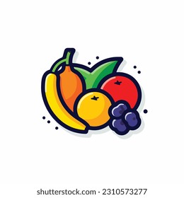 A cartoon drawing of fruits icon. pear, mango, pinapple, apple, orange, strawberry, banana, pears. illustration of fruits icon white background. Isolated.