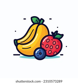 A cartoon drawing of fruits icon. pear, mango, pinapple, apple, orange, strawberry, banana, pears. illustration of fruits icon white background. Isolated.