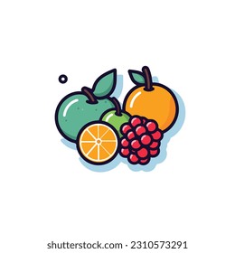 A cartoon drawing of fruits icon. pear, mango, pinapple, apple, orange, strawberry, banana, pears. illustration of fruits icon white background. Isolated.
