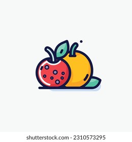 A cartoon drawing of fruits icon. pear, mango, pinapple, apple, orange, strawberry, banana, pears. illustration of fruits icon white background. Isolated.