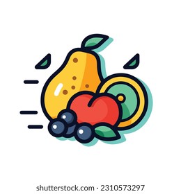 A cartoon drawing of fruits icon. pear, mango, pinapple, apple, orange, strawberry, banana, pears. illustration of fruits icon white background. Isolated.