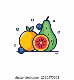 A cartoon drawing of fruits icon. pear, mango, pinapple, apple, orange, strawberry, banana, pears. illustration of fruits icon white background. Isolated.