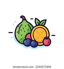 A cartoon drawing of fruits icon. pear, mango, pinapple, apple, orange, strawberry, banana, pears. illustration of fruits icon white background. Isolated.