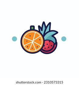 A cartoon drawing of fruits icon. pear, mango, pinapple, apple, orange, strawberry, banana, pears. illustration of fruits icon white background. Isolated.