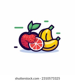 A cartoon drawing of fruits icon. pear, mango, pinapple, apple, orange, strawberry, banana, pears. illustration of fruits icon white background. Isolated.