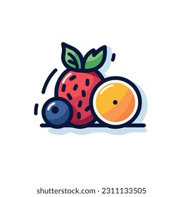 A cartoon drawing of fruits icon. pear, mango, pinapple, apple, orange, strawberry, banana, pears. illustration of fruits icon white background. Isolated.