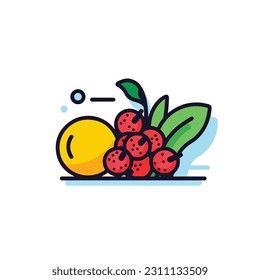 A cartoon drawing of fruits icon. pear, mango, pinapple, apple, orange, strawberry, banana, pears. illustration of fruits icon white background. Isolated.