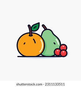 A cartoon drawing of fruits icon. pear, mango, pinapple, apple, orange, strawberry, banana, pears. illustration of fruits icon white background. Isolated.