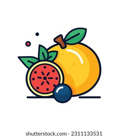 A cartoon drawing of fruits icon. pear, mango, pinapple, apple, orange, strawberry, banana, pears. illustration of fruits icon white background. Isolated.