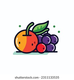 A cartoon drawing of fruits icon. pear, mango, pinapple, apple, orange, strawberry, banana, pears. illustration of fruits icon white background. Isolated.