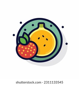 A cartoon drawing of fruits icon. pear, mango, pinapple, apple, orange, strawberry, banana, pears. illustration of fruits icon white background. Isolated.