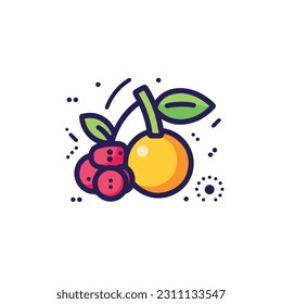 A cartoon drawing of fruits icon. pear, mango, pinapple, apple, orange, strawberry, banana, pears. illustration of fruits icon white background. Isolated.