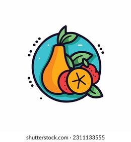 A cartoon drawing of fruits icon. pear, mango, pinapple, apple, orange, strawberry, banana, pears. illustration of fruits icon white background. Isolated.