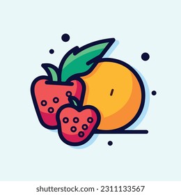 A cartoon drawing of fruits icon. pear, mango, pinapple, apple, orange, strawberry, banana, pears. illustration of fruits icon white background. Isolated.