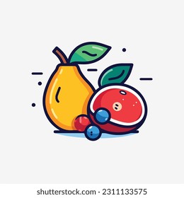 A cartoon drawing of fruits icon. pear, mango, pinapple, apple, orange, strawberry, banana, pears. illustration of fruits icon white background. Isolated.