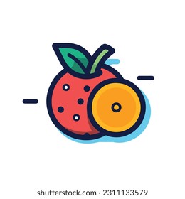 A cartoon drawing of fruits icon. pear, mango, pinapple, apple, orange, strawberry, banana, pears. illustration of fruits icon white background. Isolated.