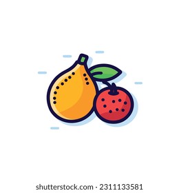 A cartoon drawing of fruits icon. pear, mango, pinapple, apple, orange, strawberry, banana, pears. illustration of fruits icon white background. Isolated.