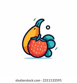 A cartoon drawing of fruits icon. pear, mango, pinapple, apple, orange, strawberry, banana, pears. illustration of fruits icon white background. Isolated.
