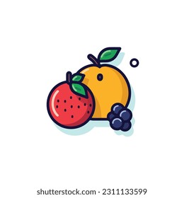 A cartoon drawing of fruits icon. pear, mango, pinapple, apple, orange, strawberry, banana, pears. illustration of fruits icon white background. Isolated.