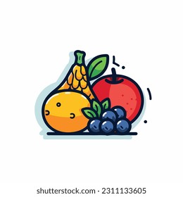 A cartoon drawing of fruits icon. pear, mango, pinapple, apple, orange, strawberry, banana, pears. illustration of fruits icon white background. Isolated.
