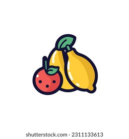A cartoon drawing of fruits icon. pear, mango, pinapple, apple, orange, strawberry, banana, pears. illustration of fruits icon white background. Isolated.